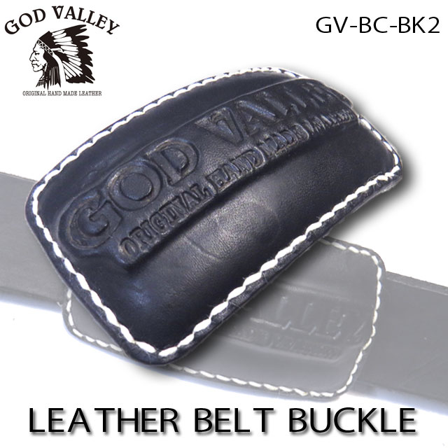 GOD VALLEY レザーベルトバックル　牛革　ハンドメイド　手縫い ブラック　ロゴ（GV-BC-BK2）