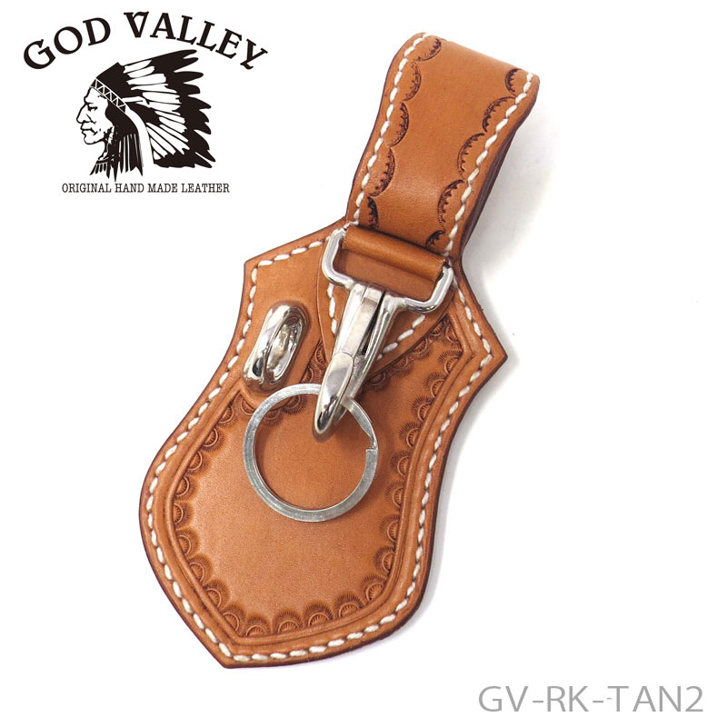 GOD VALLEY ループキーホルダー 牛革 ハンドメイド　手縫い 　タン 縁取り　カービング（GV-RK-TAN2) 1