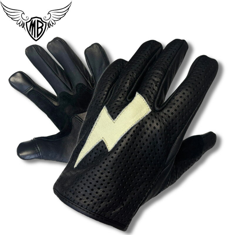 MB　山羊革　ショートリスト パンチングメッシュグローブ　「ライトニング」ブラック/アイボリー　HGG-12PS　(スマホタッチ対応　夏用　穴あき　稲妻　雷