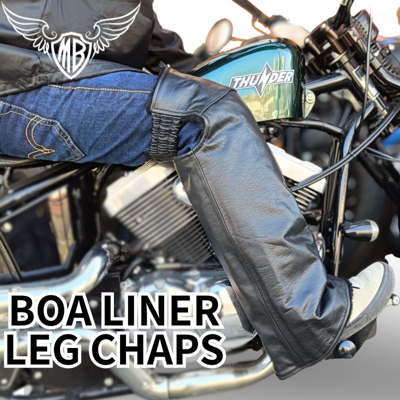 MOTOBLUEZ　ボアライナーレッグチャップス（膝パッド付）MB-CL03｜ワンサイズ｜ブラック　極暖　BOA LINER　LEG CHAPS　 本革　レッグウォーマー　裏ボア　モトブルーズ