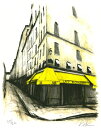 パリ 風景画 絵画 フランス カフェ ジークレー 版画 中野克彦 「街角の黄色いひさしのあるカフェ・G」 額付き 国内送料無料