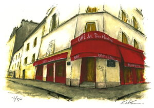パリ 絵画 風景画 フランス 佐伯祐三 荻須高徳 版画 ジークレー 「街角の赤いひさしのあるカフェ・2・G」 額付き 国内送料無料