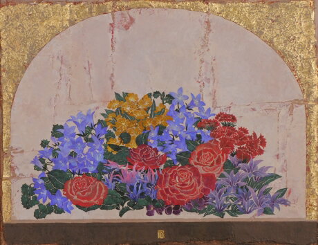 【作家名】中西賢二 【作品名】花の窓　花　絵画　薔薇　油絵　油彩画　静物画　額付き　全国送料無料