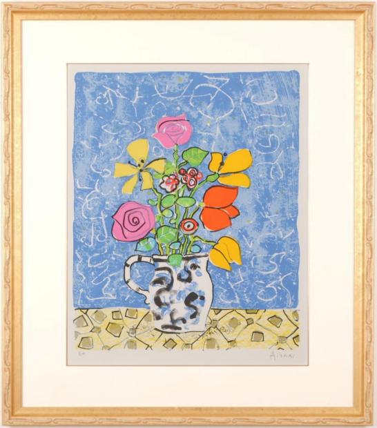 ポール・アイズピリ 青い背景の花束 花 絵画 薔薇 チューリップ 静物画 リトグラフ 版画 インテリア プレゼント コレクション 新築祝い 開店祝い 新品額付き 国内送料無料 ■