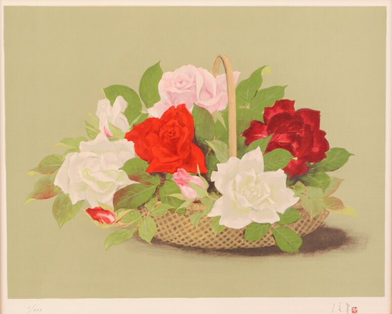 リトグラフの版画 岡信孝 花籠図 花の絵 絵画 額付き インテリア プレゼント 新築祝い 開店祝い 国内送料無料