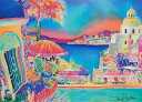 海 絵画 ミコノス島 ギリシャ 風景画 シルクスクリーン 版画 ジェニファー・マークス 「テラスのスイカ」 額付き 国内送料無料