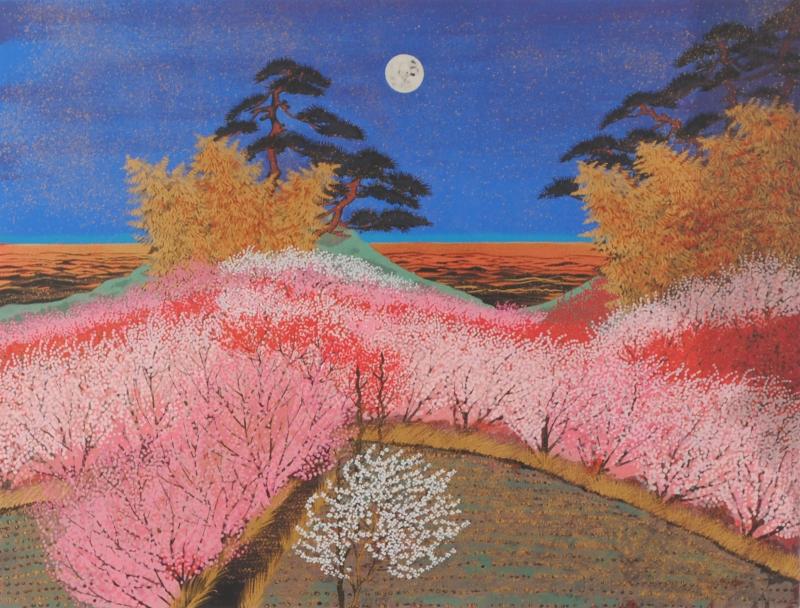 花 絵画 松竹梅 海 和風 シルクスクリーン 版画 平松礼二 「路・花のみち海へ」 額付き　国内送料無料