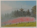 【作家名】鈴木竹柏 【作品名】桃季の里 日本画 絵画 風景画 奈良県斑鳩 法隆寺 和風 額付 インテリア 全国送料無料
