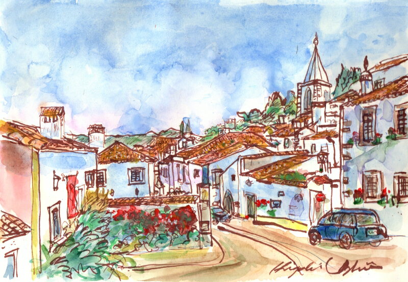 ポルトガル 絵画 風景画 コインブラ 水彩画 石井清 「コインブラの赤い屋根」額付き　国内送料無料