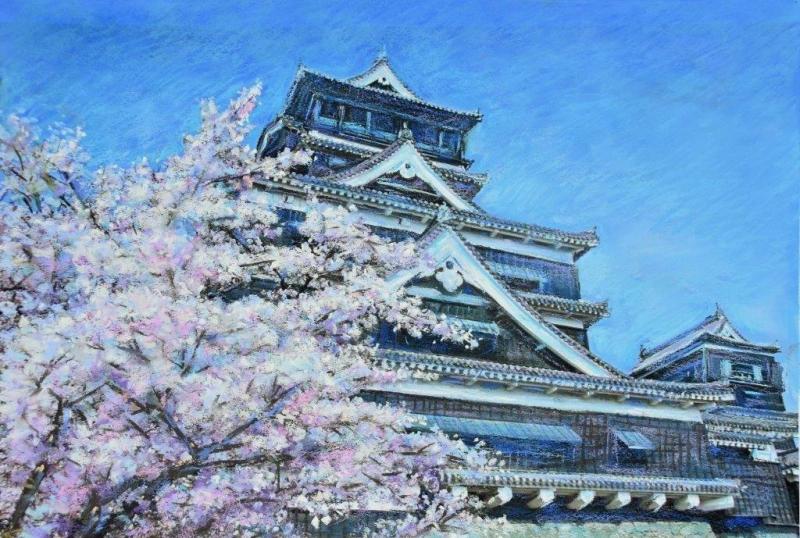 熊本城 絵画 桜 風景画 パステル画 石井清 「熊本城の春・C」 額付き　国内送料無料