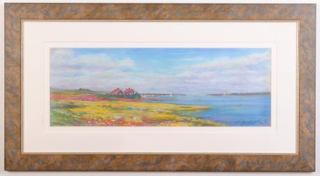 石井清先生がパステル画の絵画で描いた北欧の絵 黄色い花の咲く島 は北欧の短い夏に一斉に咲き乱れる花達がとても美しいパステル画の絵画です 絵画 作家名 石井清 作品名 黄色い花の咲く島 アートギャラリーモトカワ