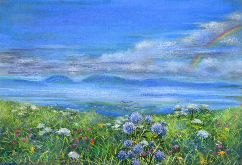 阿蘇 絵画 風景画 熊本 ジークレー 版画 石井清 「ヒゴタイ公園から五岳を望む・G」 額付き 国内送料無料