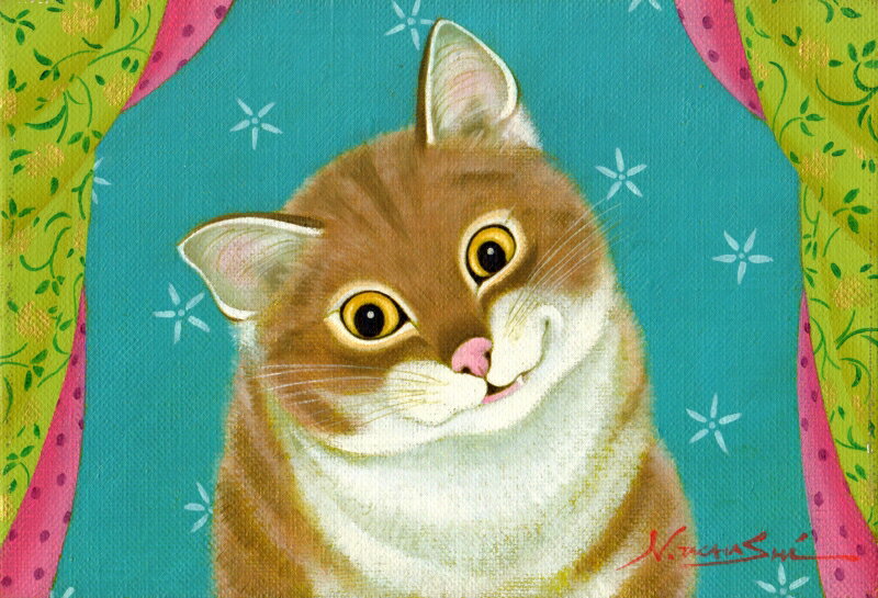 猫 絵画 キジ猫 油絵 油彩画 高橋伸子 「はい、チーズ」 額付き　国内送料無料