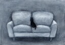 猫 絵画 黒猫 絵 アクリル画 香月和夫 「白いソファと黒い猫」 額付き 国内送料無料