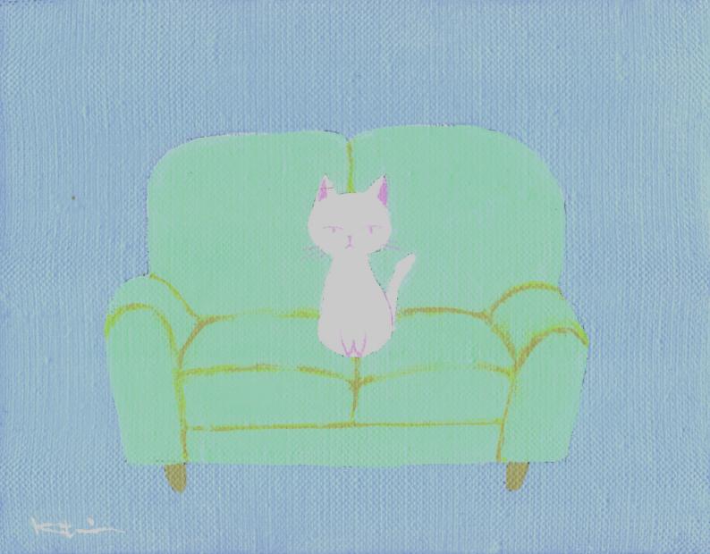 猫 絵画 白猫 アクリルガッシュ 香月和夫 「桃色の瞳」 額付き　国内送料無料