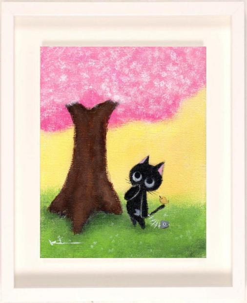 猫 絵画 黒猫 鳥 絵 インテリア アクリル画 香月和夫 「春の香り」 額付き 国内送料無料