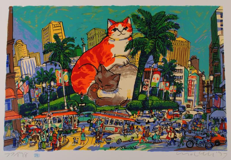 ●画家名：マイケル・ルー ●作品名：ユニオンスクエア ●絵のサイズ:W93×H63cm ●額装サイズ：W120×H90,5cm ●版画の技法：シルクスクリーン ●サイン：作家直筆鉛筆サイン ●納期：14日 マイケル・ルーがシルクスクリーンの版画で制作した猫の絵のポップアート「ユニオンスクエア」は、1997年にリリースされた猫の絵のポップアートです。 このマイケル・ルーの猫の絵のポップアートの舞台となったユニオンスクエアは、ニューヨークにある公園で、ニューヨーク市地下鉄ニューヨーク14ストリート駅にある階段を上がってすぐの場所にあります。 ユニオンスクエアで遊んでいるニューヨーカー達に、巨大な猫たちが溶け込んでくつろいでいるところが、見ていてとても楽しいマイケル・ルーの猫の絵のポップアートです。 現在、この猫の絵のポップアート「ユニオンスクエア」は、日本国内ではすでにソールドアウトになっていますが、アメリカのマイケル・ルーの手元には僅かに作品が残されていました。 マイケル・ルーのコレクターやファンの方には、心からお勧めしたい猫の絵のポップアートです。 マイケル・ルー　プロフィール 1963年　　 台湾に生まれる。 　　　　　　7歳の時に当時台湾では 　　　　　　著名な絵画の指導者であった 　　　　　　ジュン・ミン・シンに師事する。 　　　　　　ジュン・ミン・シンは 　　　　　　かたくなに伝統的形式を重んじる 　　　　　　台湾絵画界に固執することなく、 　　　　　　色々な素材を使い, 　　　　　　色々な手法・ 　　　　　　技法を試みることを指導し 　　　　　　子供達の個性を伸ばした。 　　　　　　マイケル・ルーは7歳の時、 　　　　　　東京国際児童絵画コンクールで 　　　　　　見事グランプリを獲得する。 　　　　　　台北にあった 　　　　　　アート・クラフト・ 　　　　　　スクールに通い、 　　　　　　そこでマイケル・ルーの芸術に 　　　　　　多大な影響を与えた師、 　　　　　　ルン・チョン・タオに出会う。 　　　　　　この時期マイケル・ルーは 　　　　　　イラスト、室内デザイン、 　　　　　　いわゆる線の描写を 　　　　　　徹底的に学んだ。 　　　　　　卒業後、マイケル・ルーは 　　　　　　イラストレーターとして 　　　　　　台湾の主要な新聞や雑誌、 　　　　　　国際的な出版物等の 　　　　　　挿絵を描いていった。 1983年　　 自由な発想で描く 　　　　　　芸術家としての生き方を求め、 　　　　　　妻・レイチェル夫人と共に 　　　　　　アメリカ行きを決心し、 　　　　　　カリフォルニアに移住する。 　　　　　　マイケル・ルーにとって家族は 　　　　　　絵画や版画などの 　　　　　　芸術作品の重要な一部であり、 　　　　　　また人生の重要な一部でもある。 　　　　　　調和のとれた家庭生活、 　　　　　　環境と家族の愛の絆の中に 　　　　　　絵画や版画などの制作活動の 　　　　　　源があります。 　　　　　　マイケル・ルーは 　　　　　　シルクスクリーンの 　　　　　　版画の勉強の為 　　　　　　オーティスパーソンの美術学校で 　　　　　　グラフィックコースを専攻し 　　　　　　シルクスクリーンの版画制作に 　　　　　　没頭する。 　　　　　　おかげで現在、 　　　　　　シルクスクリーンの版画製作の 　　　　　　名手と言われている。 1981年　　 母国台湾での 　　　　　　絵画や版画の個展を経て 　　　　　　カリフォルニア州各地、 　　　　　　ニューヨークの 　　　　　　主要画廊で個展を開催し 　　　　　　アート・エキスポニューヨークで 　　　　　　一般の人々から専門家まで 　　　　　　広く注目され 　　　　　　アメリカでの衝撃的な 　　　　　　デビューを飾る。 　　　　　　日本で絵画や 　　　　　　版画作品が紹介され、 　　　　　　マイケル・ルーの明るい色彩は 　　　　　　幅広く評価を受け 　　　　　　熱心なファンを獲得した。 1990年　　 ヨーロッパでデビューし、 　　　　　　伝統的な絵画の市場に 　　　　　　新しい美意識を切り開き 　　　　　　絶賛を博す。 1992年　　 米国、ヨーロッパ、 　　　　　　日本を中心に世界各地で 　　　　　　絵画や版画のグループ展、 　　　　　　個展を開催し絶賛を博している。 2012年　　 MLJ 　　　　　　(マイケル・ルー・ジャパン)を 　　　　　　設立する。
