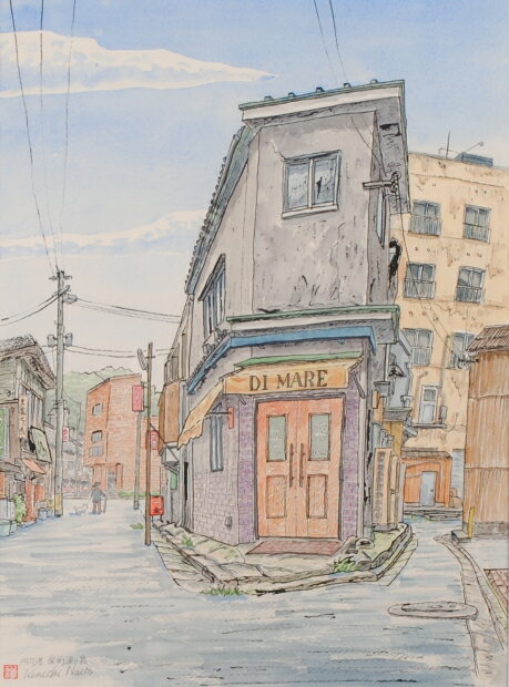 内藤謙一 門司港・栄町通り裏 福岡県北九州市 絵画 風景画 水彩画 インテリア プレゼント コレクション 新築祝い 開店祝い 新品額付き 送料無料