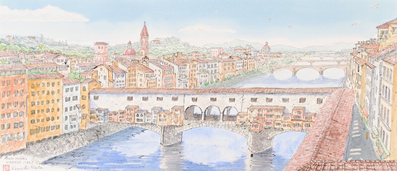 【作家名】内藤謙一　【作品名】ヴェッキオ橋　イタリア　風景画　絵画　フィレンツェ　水彩画　額付き　インテリア　送料無料