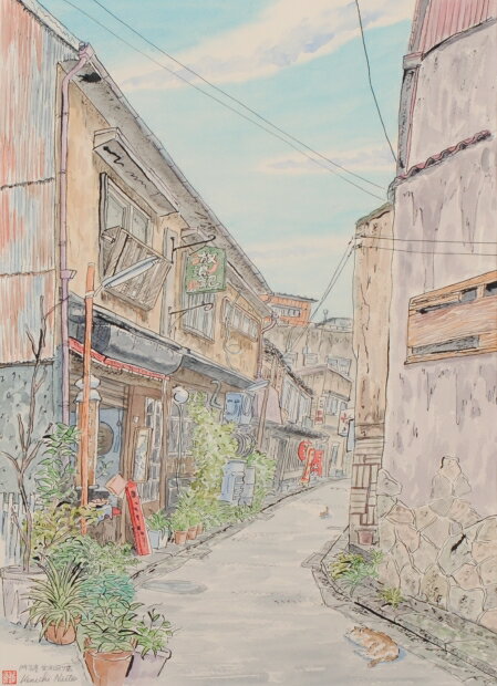 内藤謙一 門司港・栄町通り裏2 福岡県北九州市 絵画 風景画 水彩画 インテリア プレゼント コレクション 新築祝い 開店祝い 新品額付き 送料無料