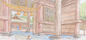【作家名】内藤謙一 【作品名】阿蘇神社 絵画 風景画 水彩画 熊本 阿蘇 額付き インテリア 全国送料無料