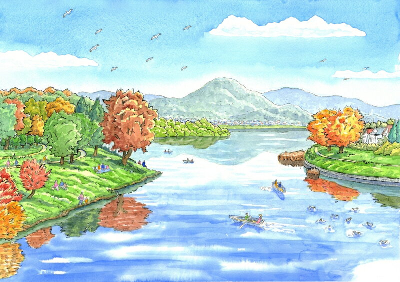 熊本 風景画 絵画 水彩画 ジークレー 版画 内藤謙一 「熊本・江津湖・G」 インテリア プレゼント 新築祝い 開店祝い 額付き 国内送料無料