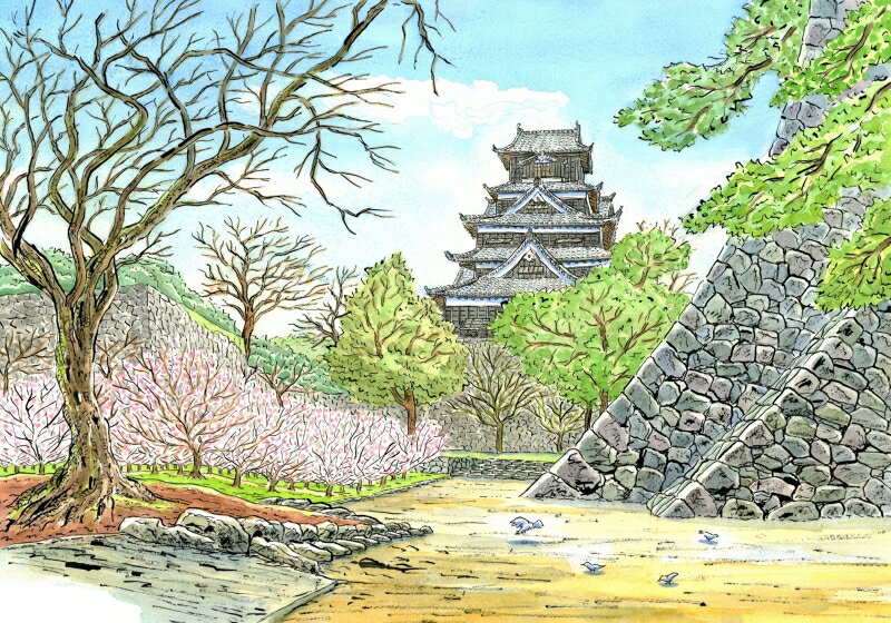 熊本城 絵画 風景画 水彩画 絵 ジークレー 版画 インテリア プレゼント 新築祝い 開店祝い 内藤謙一 「熊本城・二様の石垣・G」 額付き　国内送料無料