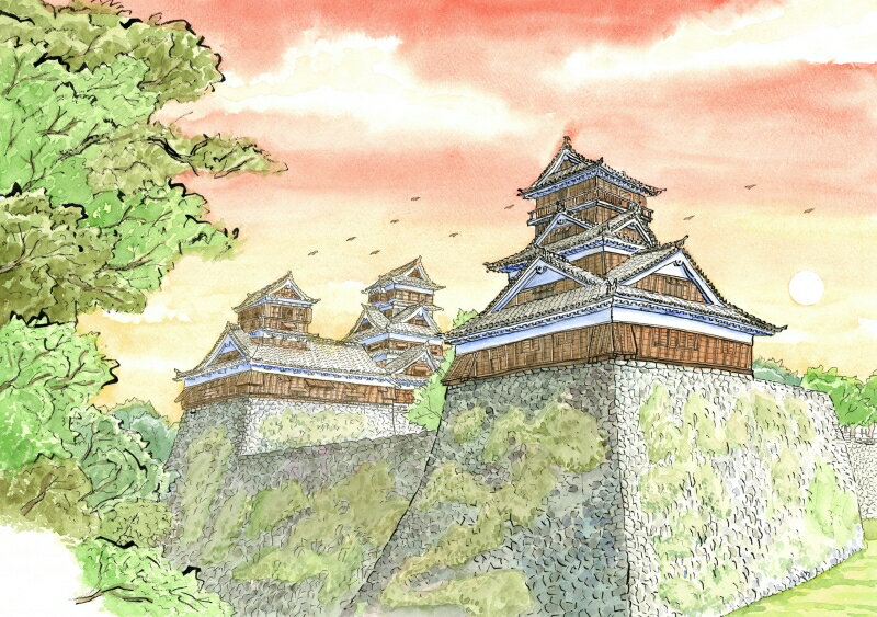 熊本城 絵画 風景画 水彩画 絵 ジークレー 版画 インテリア プレゼント 新築祝い 開店祝い 内藤謙一 「熊本城・宇土櫓と天守閣・G」 額付き 国内送料無料