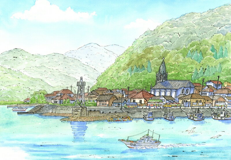 熊本 絵画 風景画 天草 世界遺産 絵 水彩画 ジークレー 版画 内藤謙一 「天草・崎津天主堂・3・G」 額付き 国内送料無料