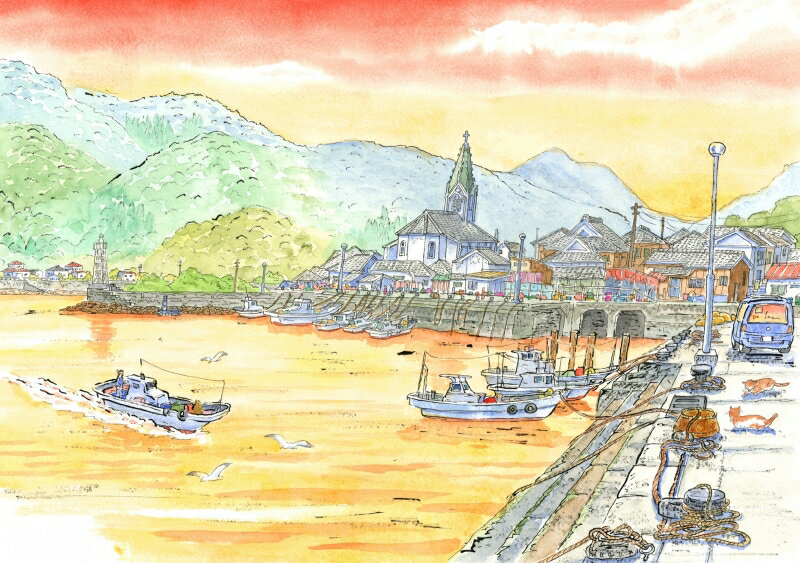 熊本 絵画 風景画 天草 絵 世界遺産 水彩画 ジークレー 版画 内藤謙一 「天草・崎津天主堂・4・G」 額付き 国内送料無料