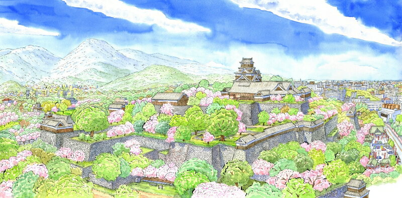 熊本城 絵画 風景画 桜 版画 ジークレー 水彩画 内藤謙一 「春の熊本城・眺望・G」 額付き 国内送料無料