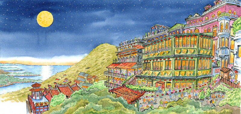 台湾 風景画 絵画 九分 絵 千と千尋の神隠し 版画 ジークレー 水彩画 内藤謙一 「不夜城・G」 額付き 国内送料無料