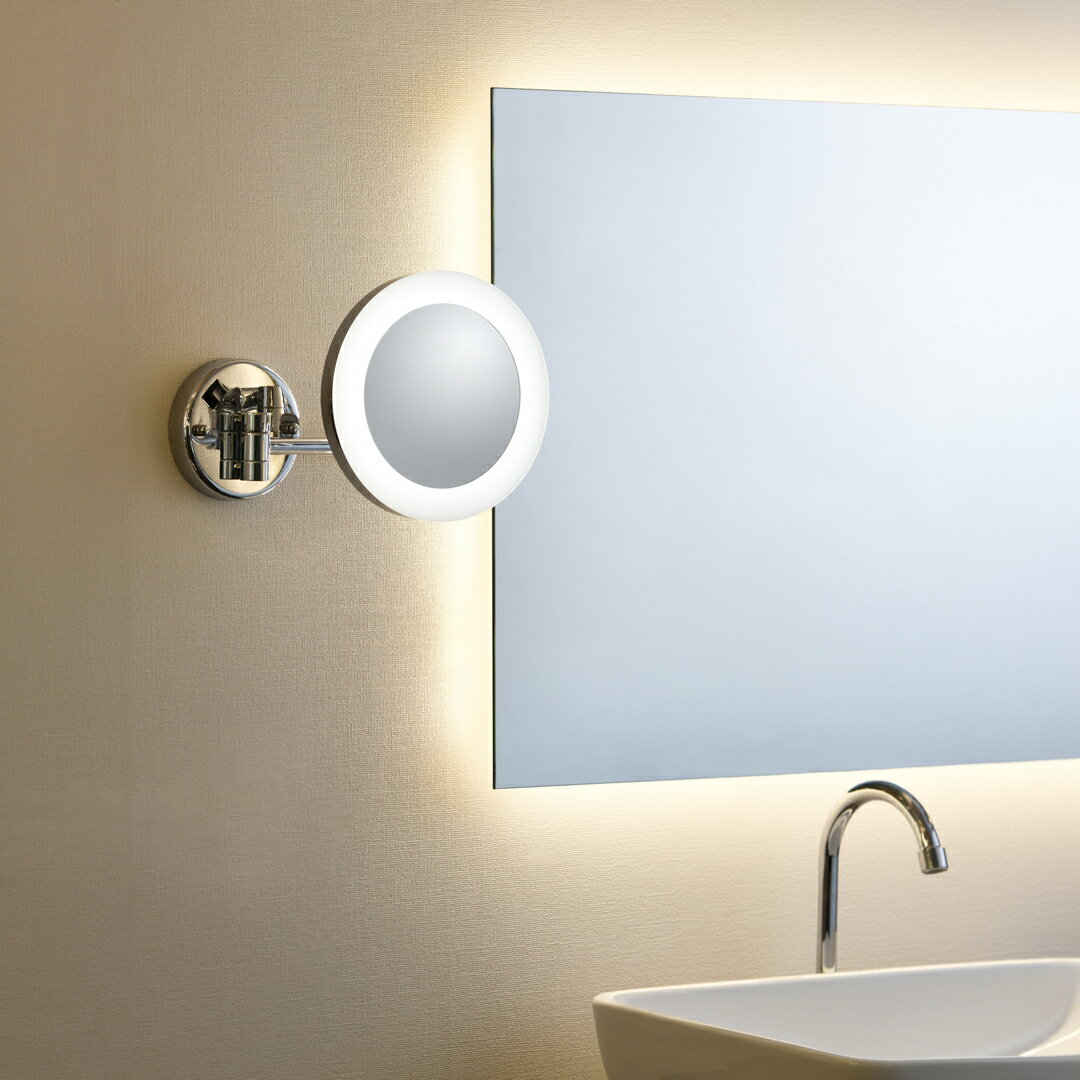 オリンピア照明 MotoM公式LED拡大鏡 拡大倍率3倍 丸型 GBK022 クロームメッキライト付の拡大鏡／メイン鏡の横に設置／メイクや髭剃りに／洗面室／工事が必要