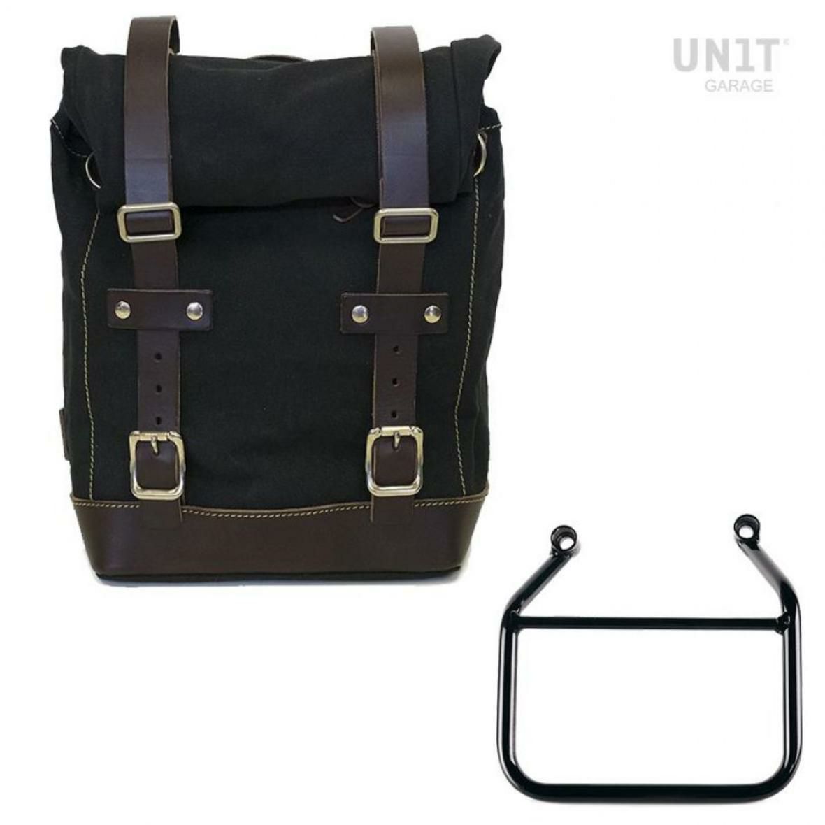 トライアンフ スピード400/スクランブラー400X サイドバッグ（キャンバス地）ブラック/ブラウン＆サイドバッグサポートフレーム左側 キット ユニットガレージ(2)