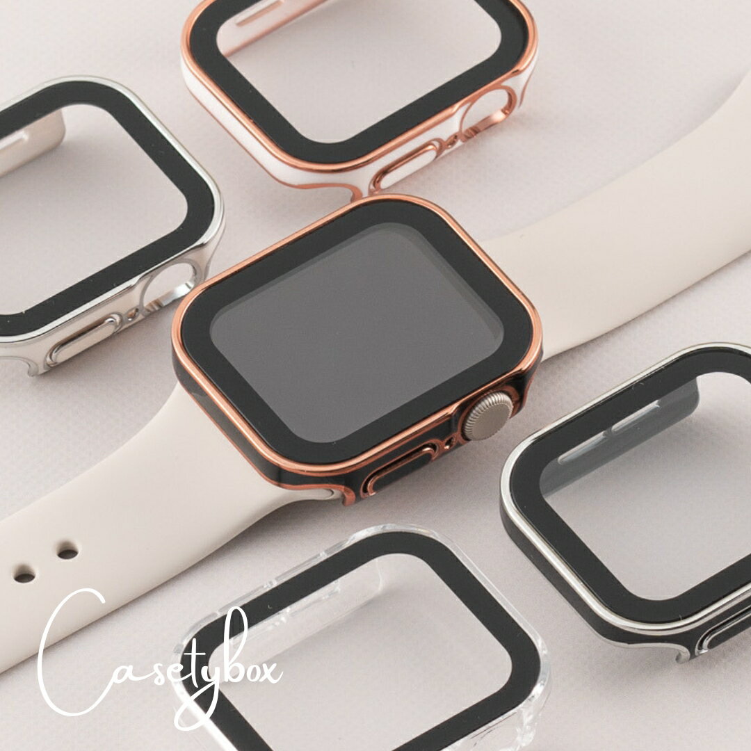 アップルウォッチ カバー ケース ライン apple watch ガラス付き 強化ガラス フラット おしゃれ 8 7 6 SE 5 4 38mm 40mm 41mm 42mm 44mm 45mm 保護ケース メタリック 側面保護