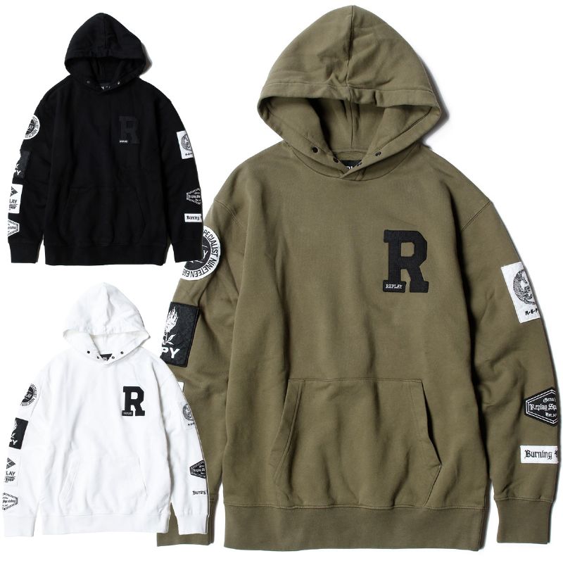 リプレイ フーディ フーディ ウィズ バイカー パッチ バイク ウェア トップス REPLAY HOODIE WITH BIKER PATCH