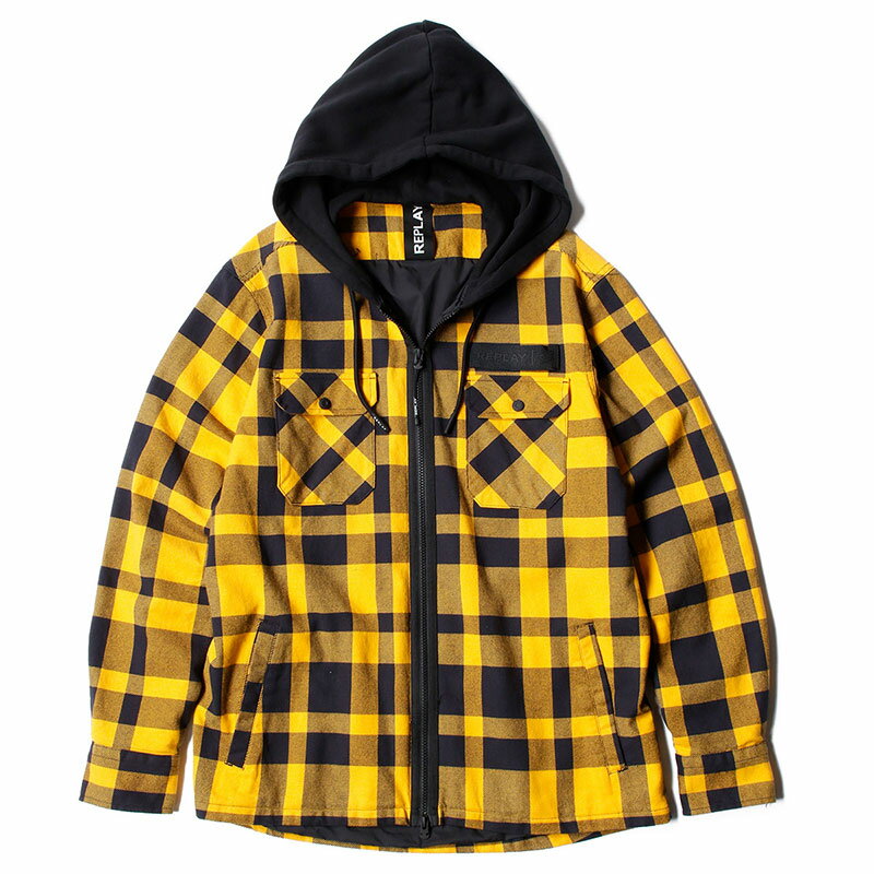 リプレイ フーディ イエローチェックコットンツイルシャツパーカー バイク ウェア トップス REPLAY
