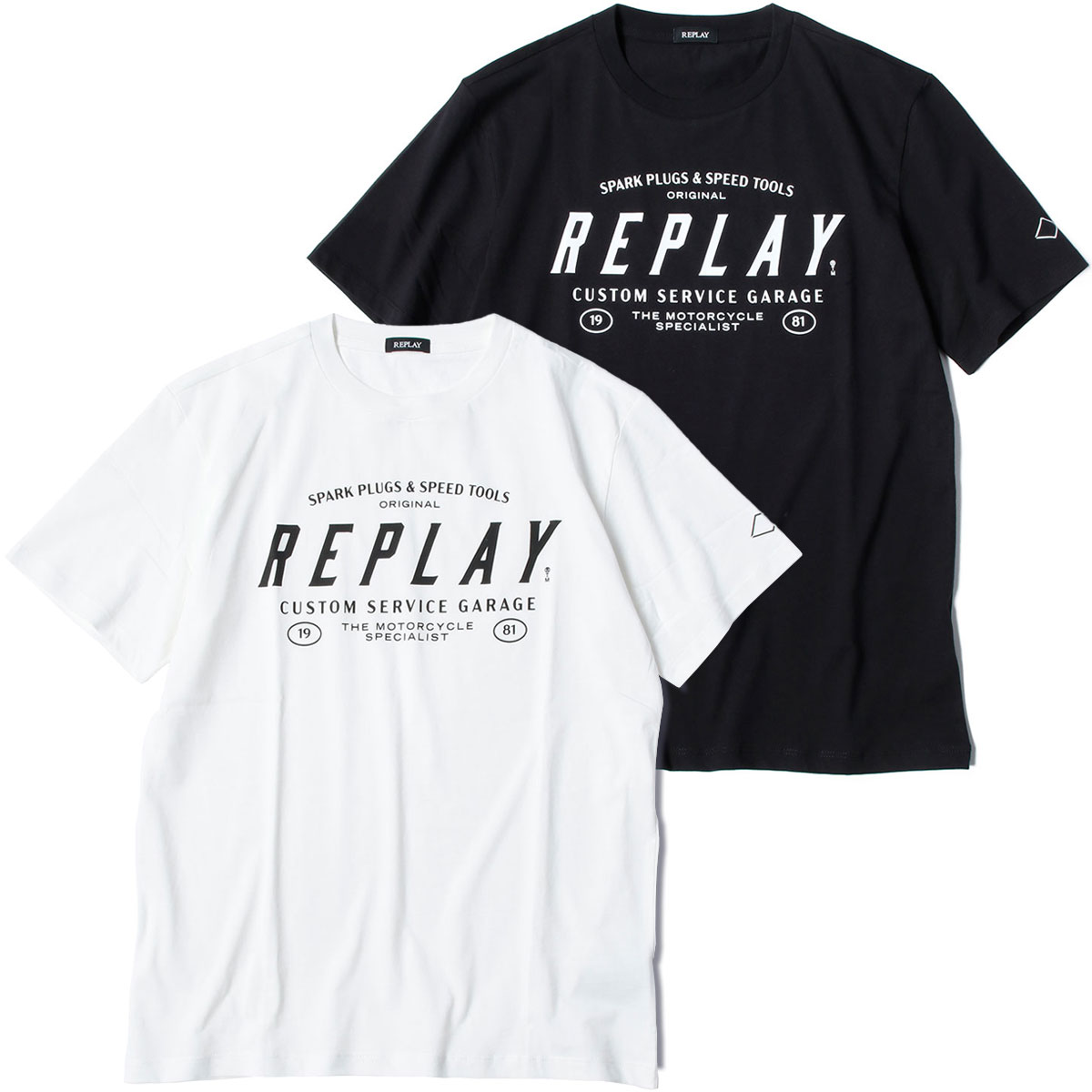 リプレイ Tシャツ カスタムガレージ プリント Tシャツ バイク ウェア トップス REPLAY T-SHIRT WITH MOTORCYCLE PRINT