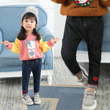 送料無料 ロングパンツ デニムパンツ 長ズボン 子供服 ジーンズ ジーパン ウエストゴム ハート 刺繍 ポケット付き ボトムス キッズ ベビー 女の子 女児 こども服 Gパン デニム カジュアル 普段着 お出掛け着 通園 通学 80 90 100 110