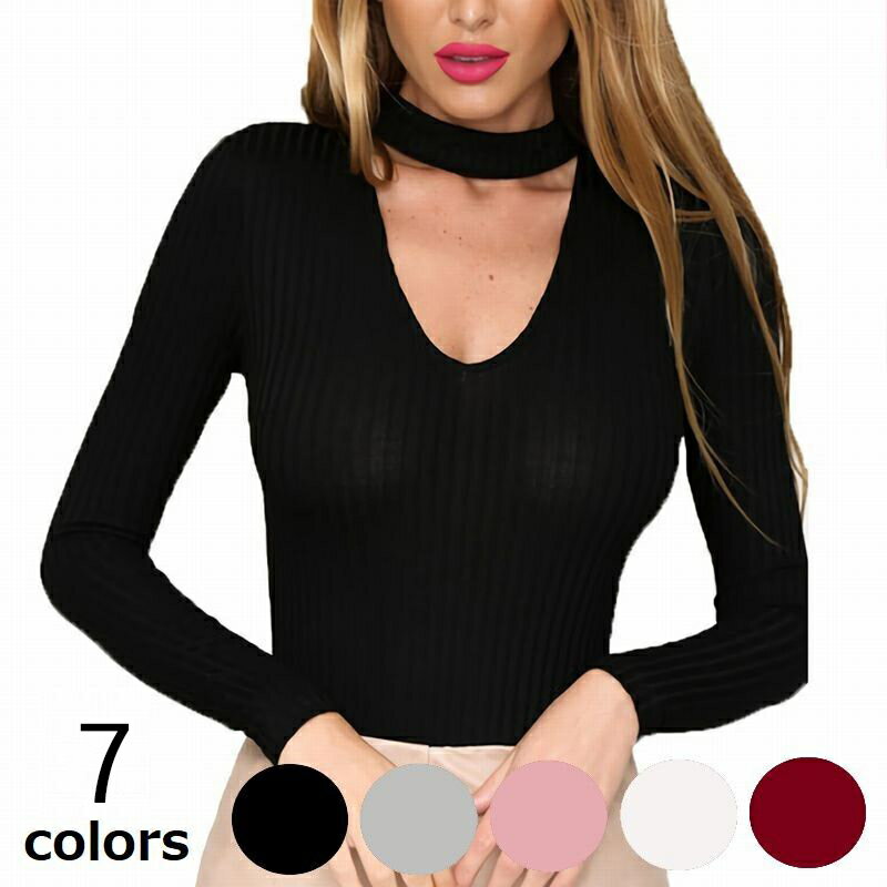 送料無料 長袖ニット セーター チョーカー風 Vネック スリム リブニット トップス レディース セクシー..