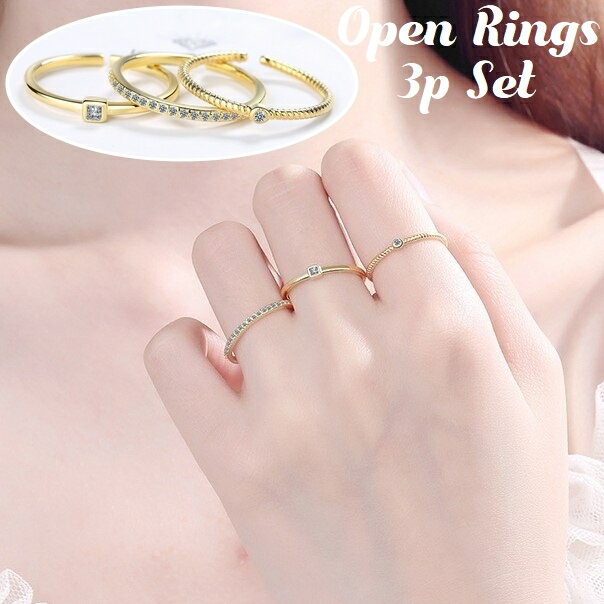 送料無料 指輪 オープンリング 3点セット レディース アクセサリー ラインストーン 上品 華奢 エレガント キラキラ カジュアル デイリー プレゼント ギフト...