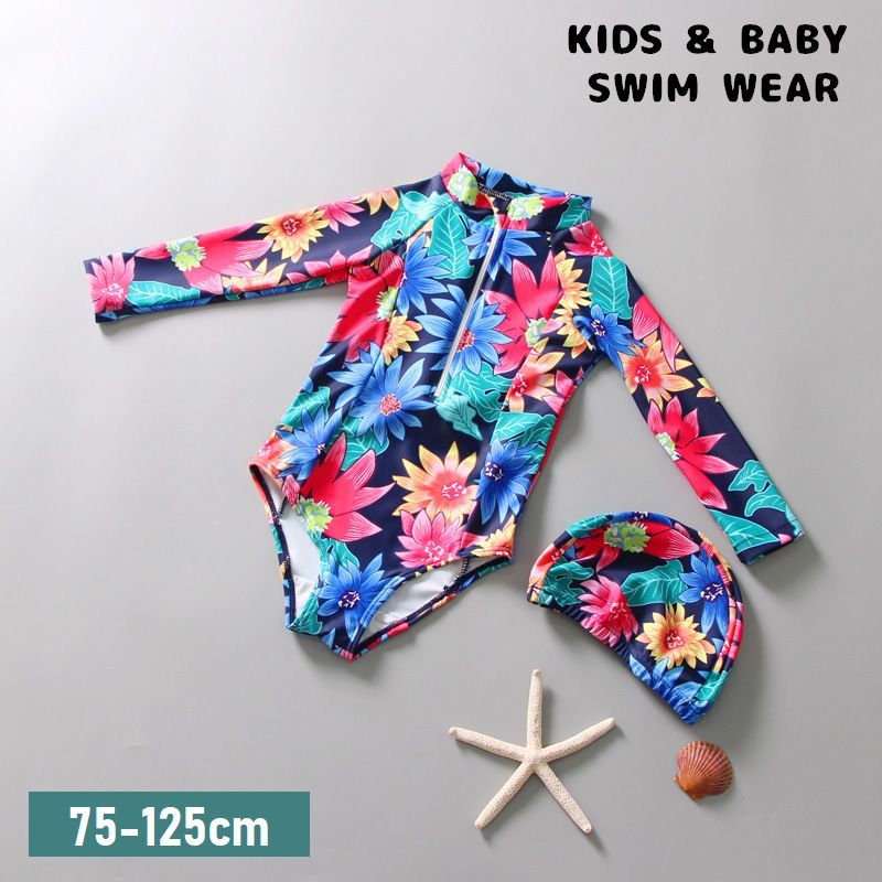 送料無料 水着 スイムウェア 帽子付き ワンピースタイプ 子供用 キッズ ベビー 女の子 長袖 ハーフジップ 水泳用品 水泳帽 水泳キャップ ウェットスーツ風 スイミング 花柄 おしゃれ 日焼け防止 紫外線対策 海水浴 プール 川 水遊び リゾート レジャー 旅行 女児 女子 こども