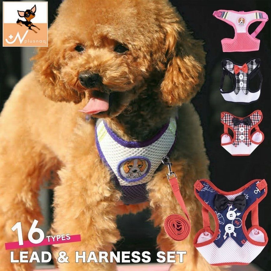 送料無料 ハーネス リード 2点セット ペット用 犬用 猫用 胴輪 ベスト風 ソフト 裏メッシュ 通気性 リボン ボタン お散歩グッズ 小型犬 ボーダー チェッ...
