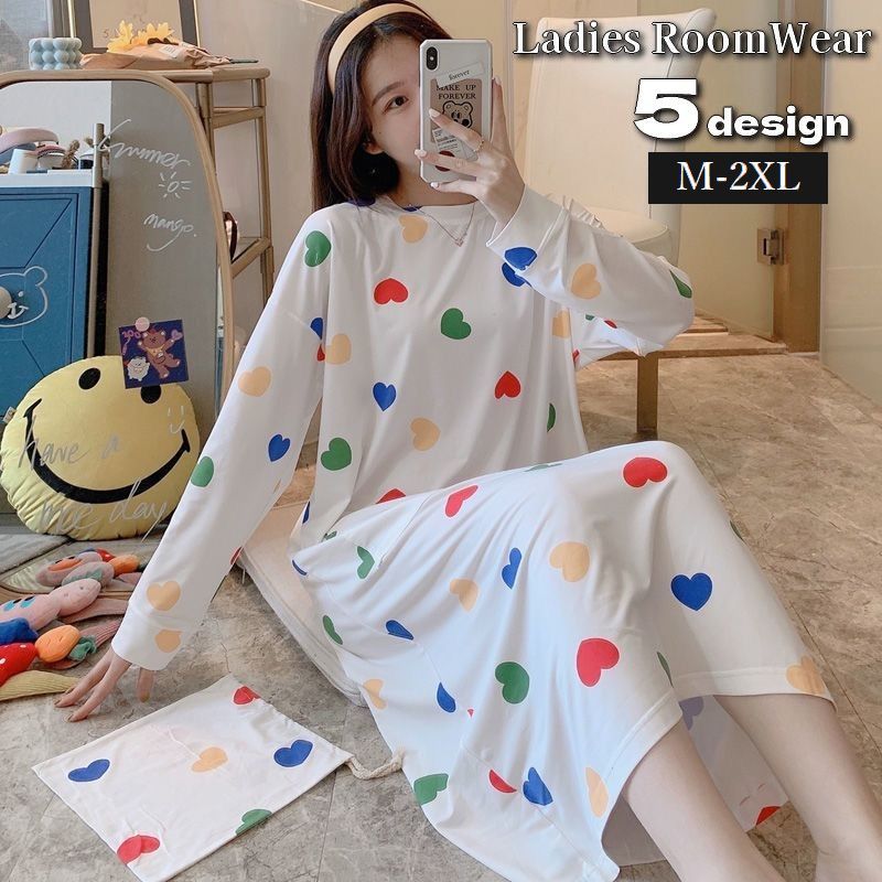 送料無料 ルームウェア ワンピース 長袖 レディース 部屋着 寝間着 ロング丈 ミモレ丈 プルオーバー ラウンドネック パジャマ 大きいサイズあり ナイトウェア...