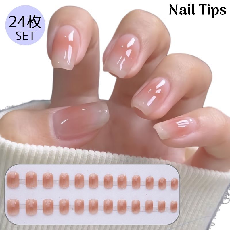 送料無料 ネイルチップ 24枚セット 12サイズ つけ爪 ショート 短め スクエアオフ 貼るネイル ピンク 光..