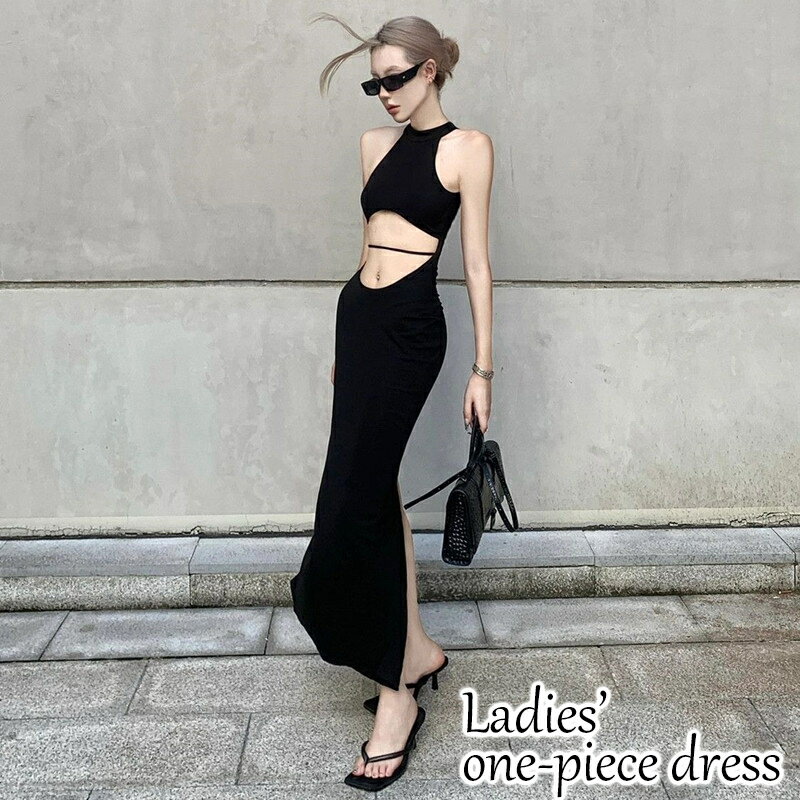 送料無料 ワンピース レディース ロング丈 マキシ丈 タイト ホールターネック カットアウト へそ出し セクシー 肌見せ ノースリーブ 袖なし ロングドレス ナイトドレス おしゃれ 無地 単色 ブラック 黒