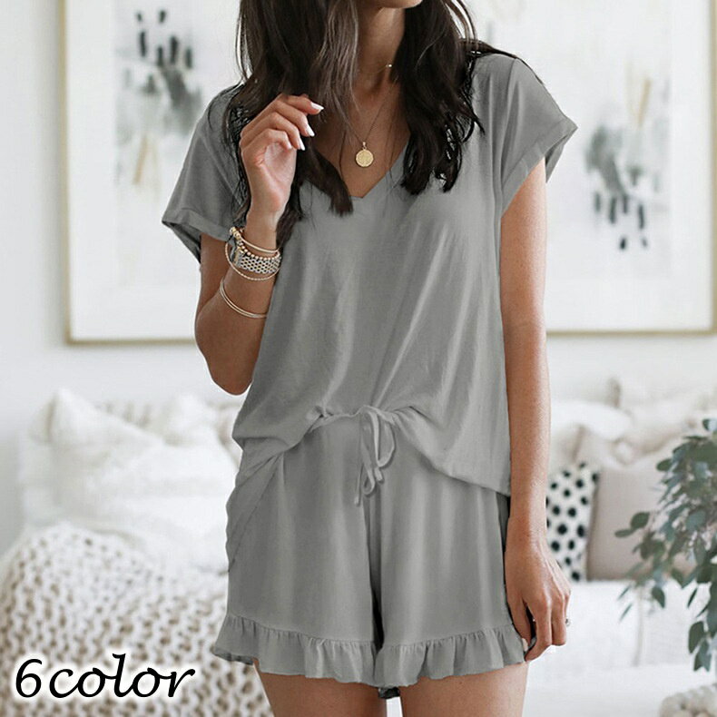 送料無料 ルームウェア 上下セット 部屋着 パジャマ レディース 女性用 半袖 ショートパンツ 短パン Vネック 無地 フリル シンプル カジュアル 寝巻き 寝...