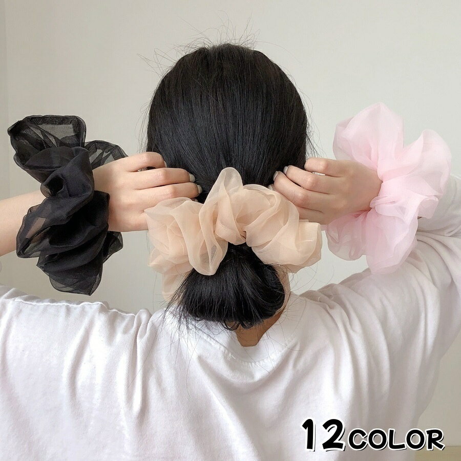 送料無料 シュシュ ヘアゴム レディース ヘアアクセサリー 髪飾り 髪留め まとめ髪 大きめ ボリューム ビッグ シフォン 透け感 シアー 無地 シンプル 上品 カジュアル ヘアレンジ デイリー 普段使い かわいい おしゃれ 大きい 大ぶり パステルカラー オフホワイト ベージュのサムネイル