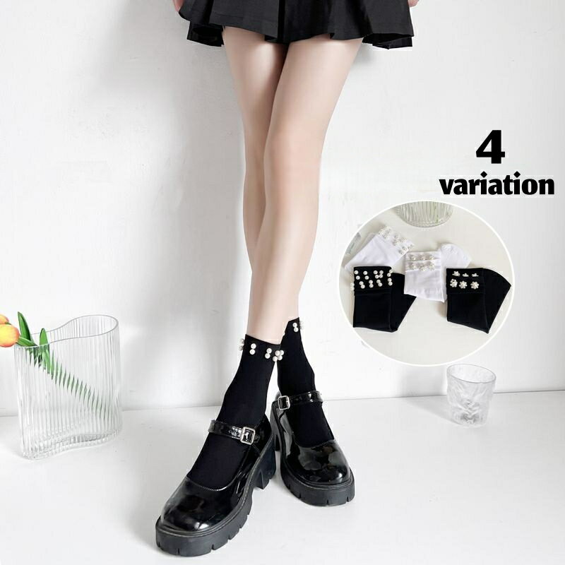 送料無料 クルーソックス レディース 女性 婦人 靴下 ソックス フェイクパール パール調 花 フラワー 無地 単色 ブラック ホワイト 黒 白 かわいい おしゃれ フェミニン