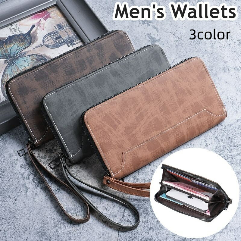 送料無料 長財布 財布 メンズ 男性 紳士 カード入れ ストラップ付き カードケース お札入れ スマホ入れ フェイクレザー レザー調 柄 クラッチバッグ 小銭入れ ファスナー おしゃれ かっこいい